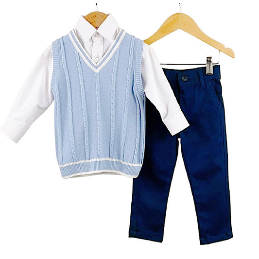 Boys 3pc set Samli Sky Cable Knit Vest & Chinos Set ages 1-10 / 4050-BLUE