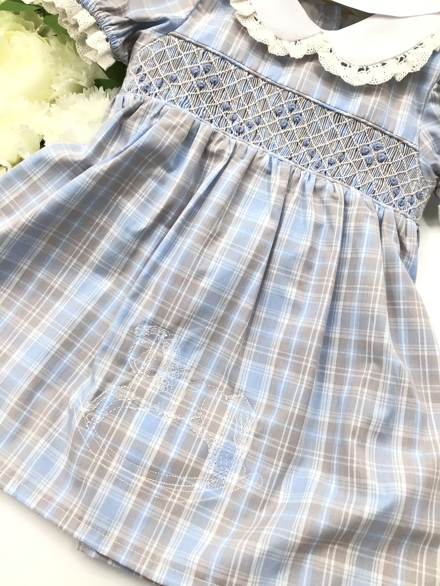 Caramelo blue smocked rocking horse dress with nickers (131223)