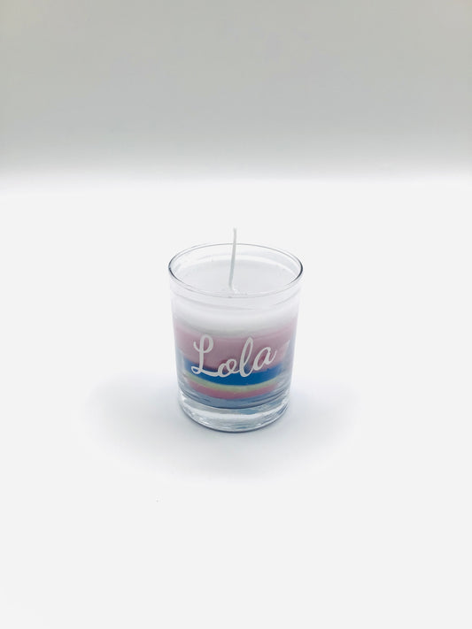 Rainbow in the sky personalised candle size 3.5'' by 3''