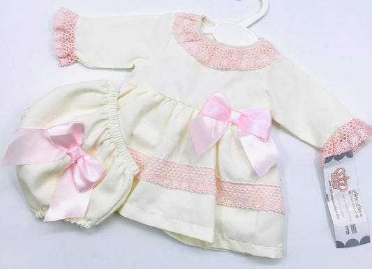 Girls 2pc cream and pink bow dress / VEC002