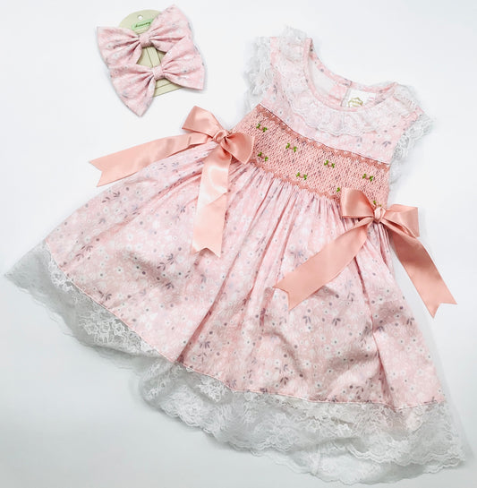 Girls aurora royal pink bow dress and bow hair clip