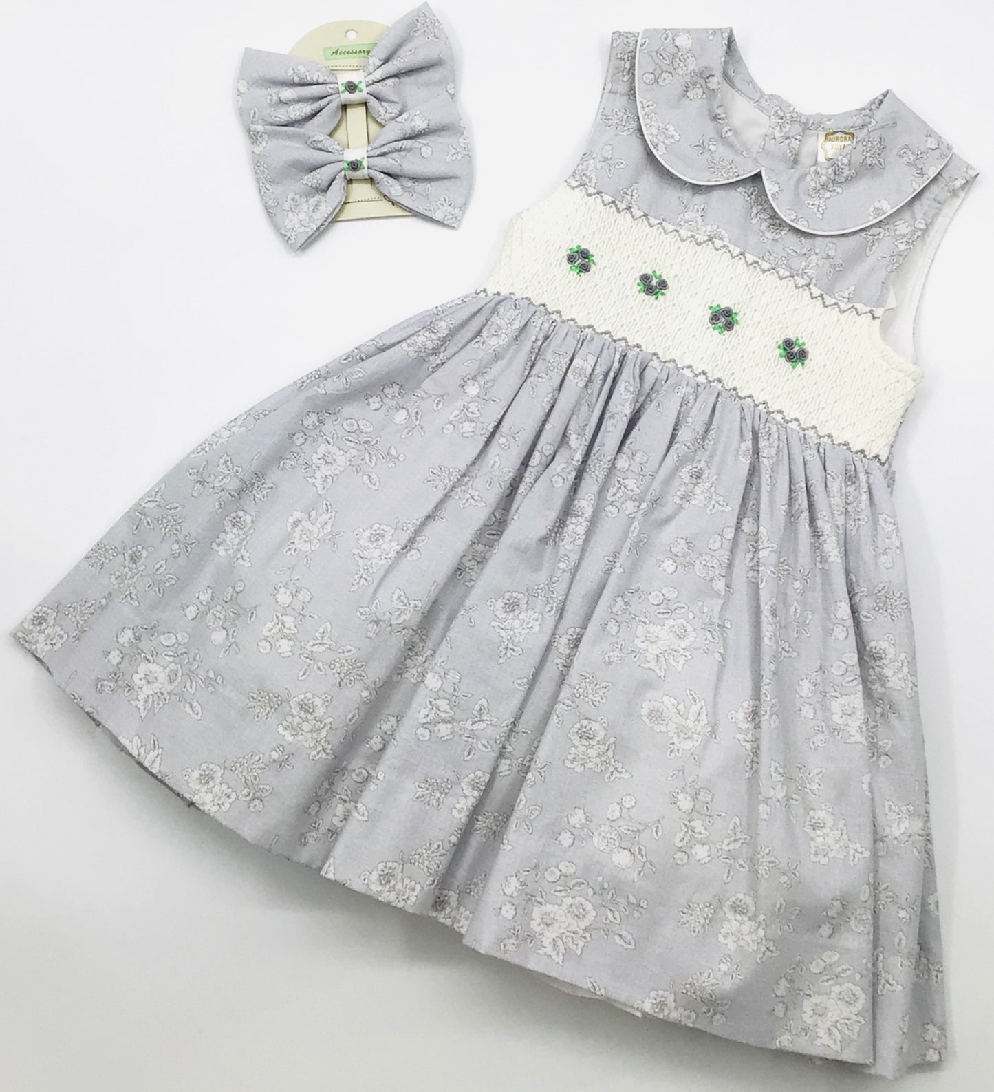 Girls aurora royal grey flower dress and bow hair clip