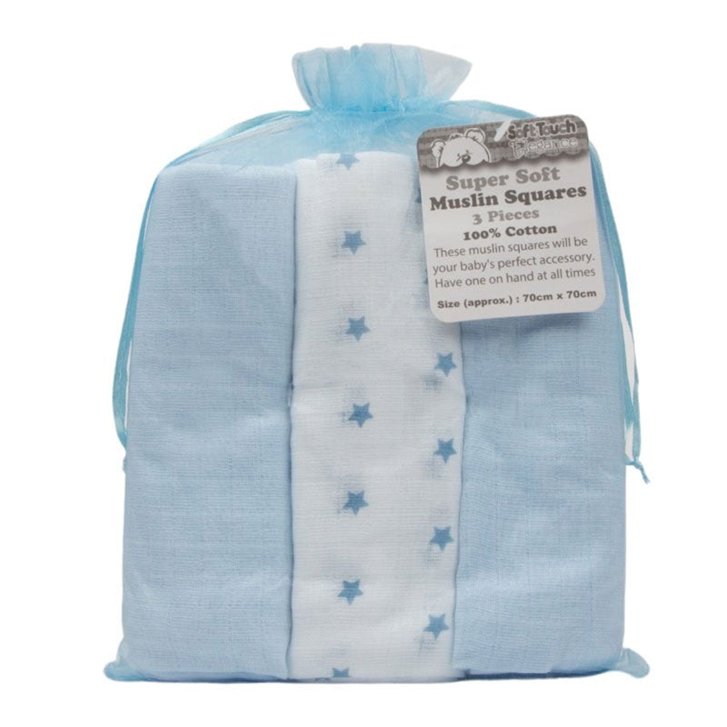 MS13-B: BLUE 3 PACK MUSLIN SQUARES IN GIFT BAG