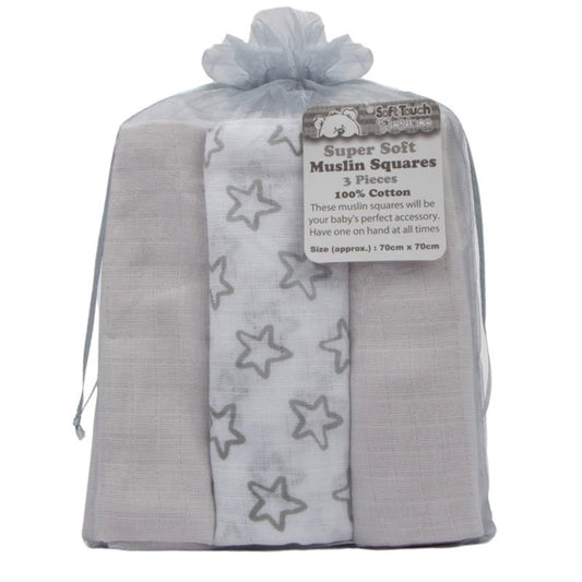 MS13-G: GREY 3 PACK MUSLIN SQUARES IN GIFT BAG