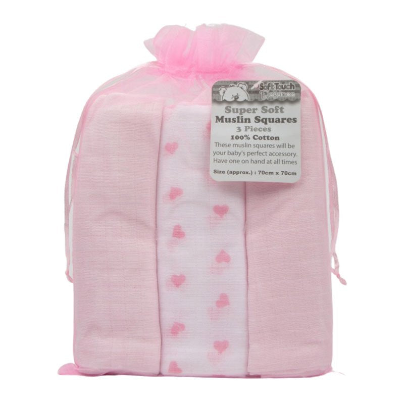 MS13-P: PINK 3 PACK MUSLIN SQUARES IN GIFT BAG