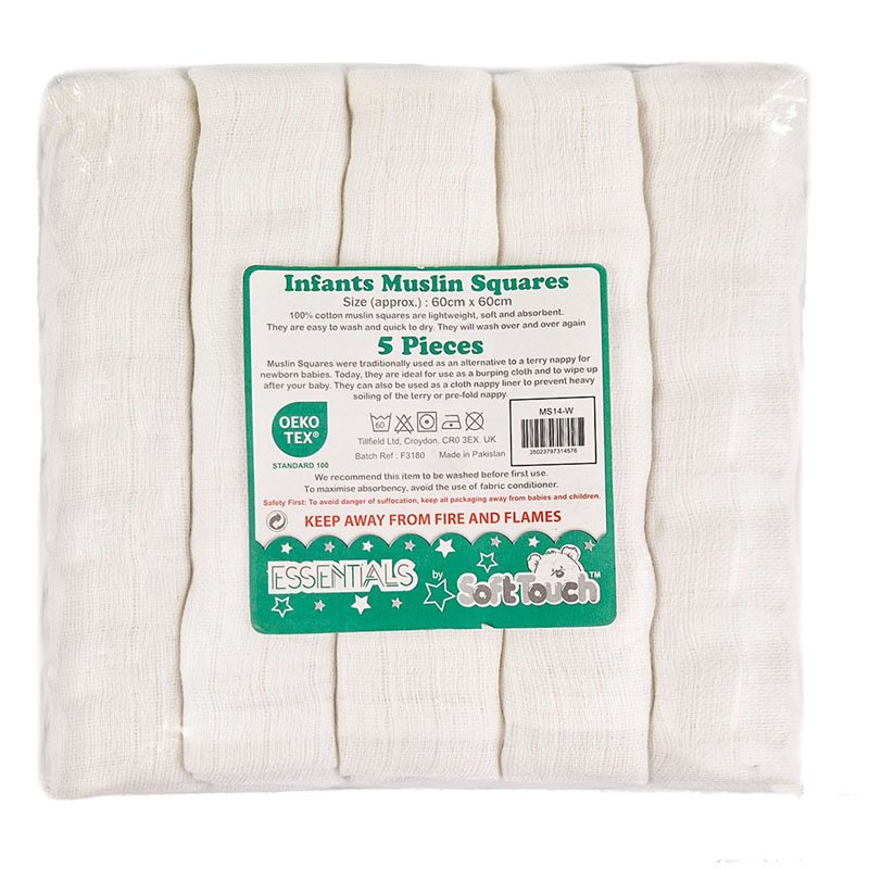 MS14-W: WHITE 5 PACK MUSLIN SQUARES