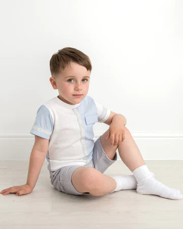 Caramelo blue, white and grey short set ( AGE 12-18M ) SALE