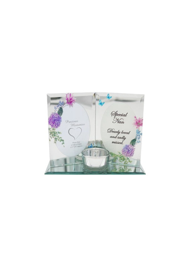 Nan floral design book shape glass tea light holder/photo frame.