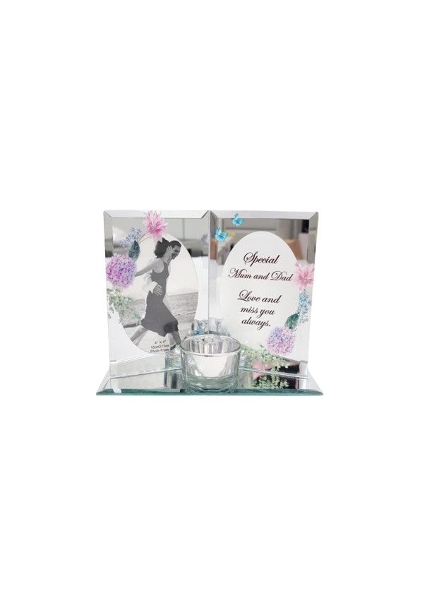 Mum and Dad floral design book shape glass tea light holder/photo frame.