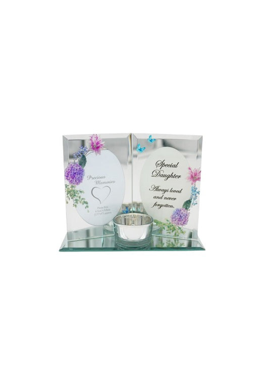 Daughter floral design book shape glass tea light holder/photo frame.