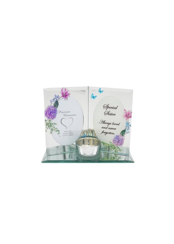 Sister floral design book shape glass tea light holder/photo frame.