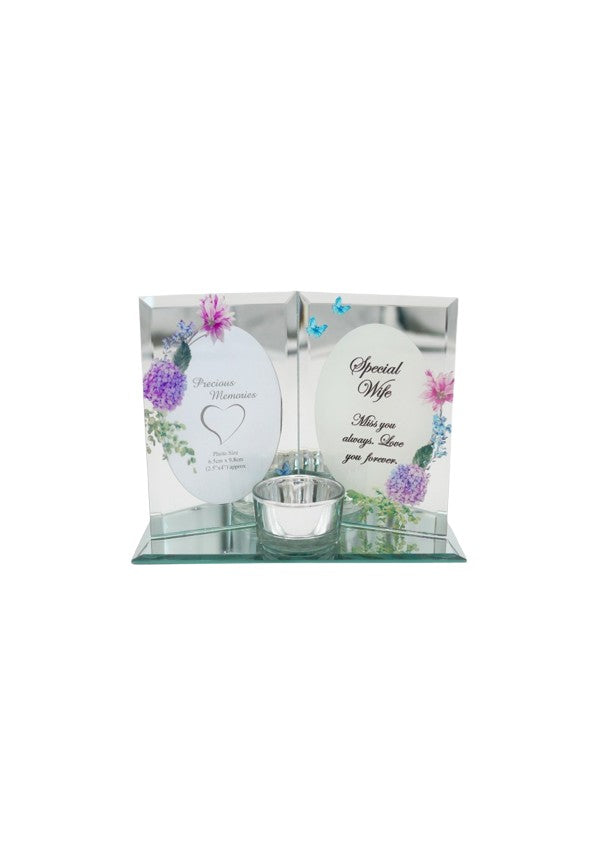 Wife floral design book shape glass tea light holder/photo frame.