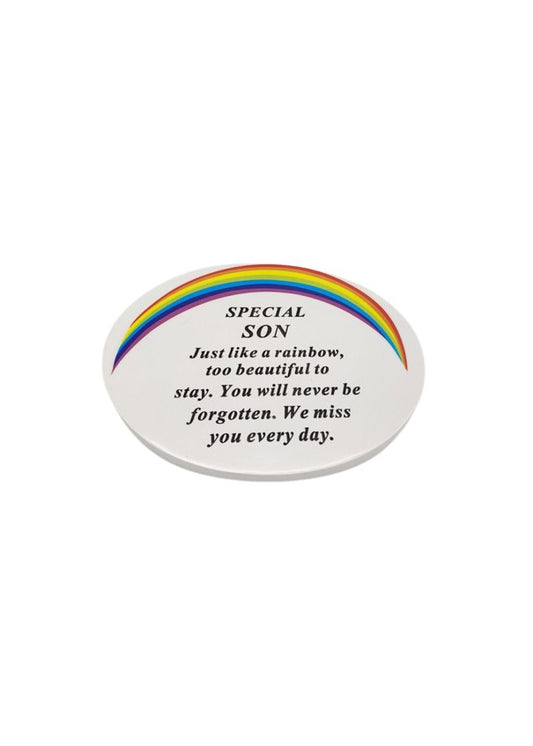 Oval White Graveside Plaque With Rainbow Detail And Message To Son