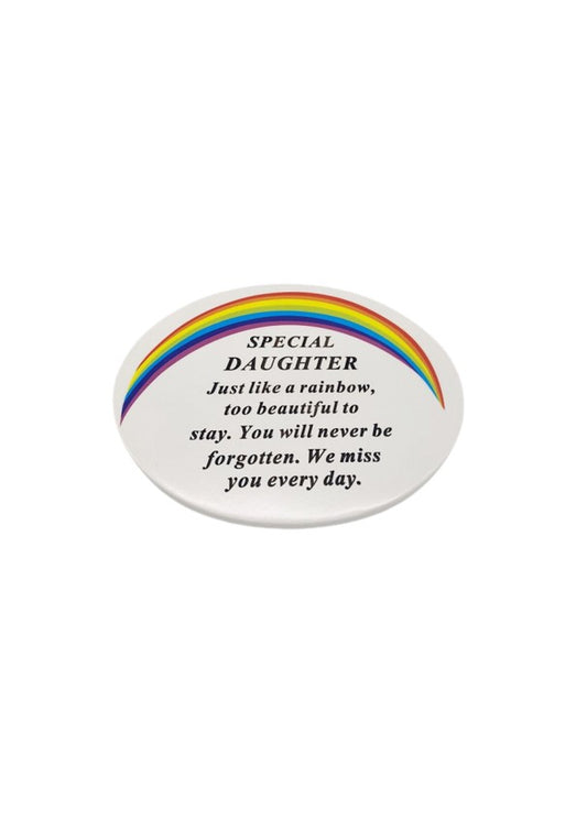 Oval White Graveside Plaque With Rainbow Detail And Message To Daughter