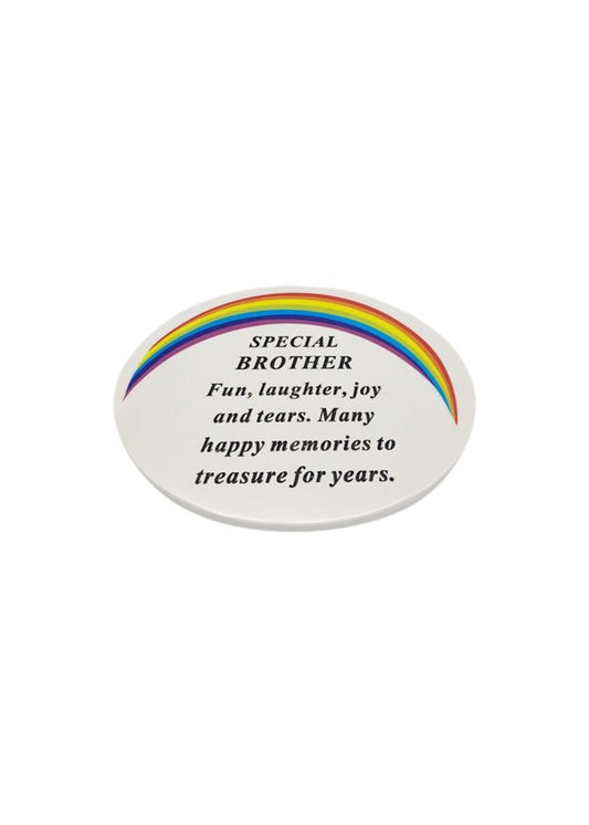 Oval White Graveside Plaque With Rainbow Detail And Message To Brother