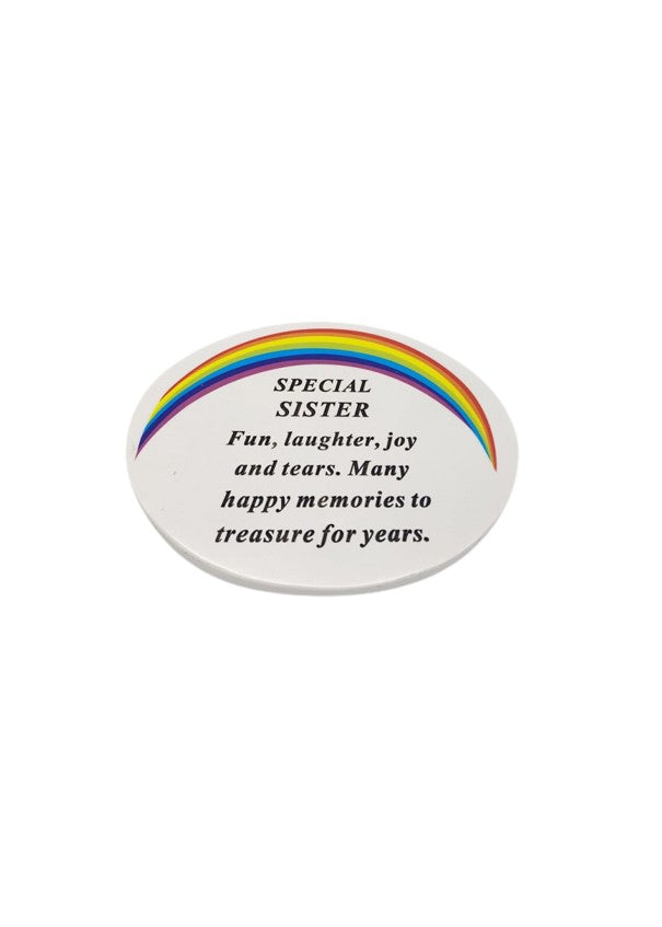 Oval White Graveside Plaque With Rainbow Detail And Message To Sister