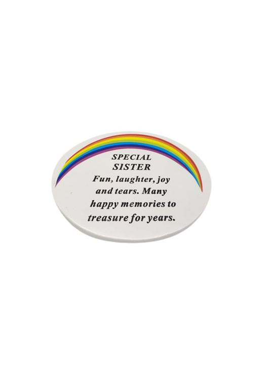 Oval White Graveside Plaque With Rainbow Detail And Message To Sister