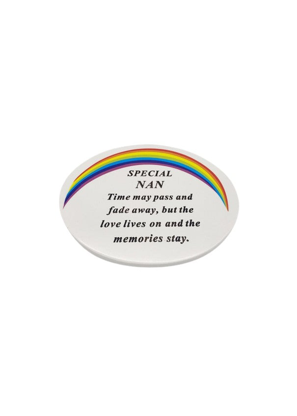 Oval White Graveside Plaque With Rainbow Detail And Message To Nan