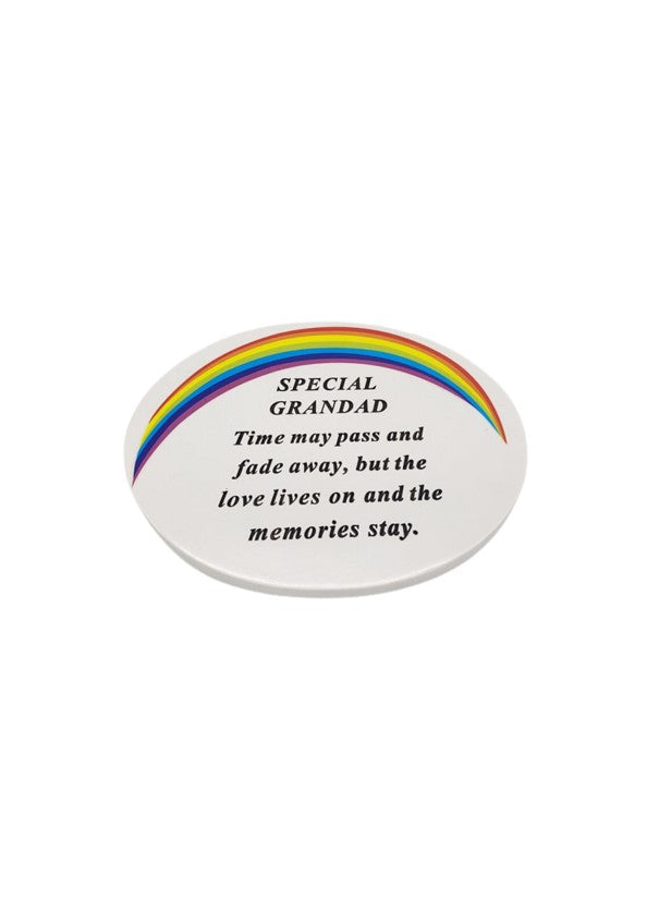 Oval White Graveside Plaque With Rainbow Detail And Message To Grandad