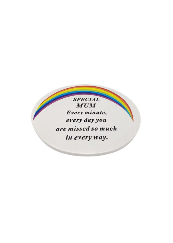 Oval White Graveside Plaque With Rainbow Detail And Message To Mum