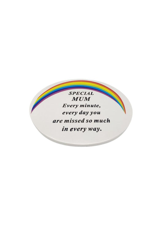 Oval White Graveside Plaque With Rainbow Detail And Message To Mum