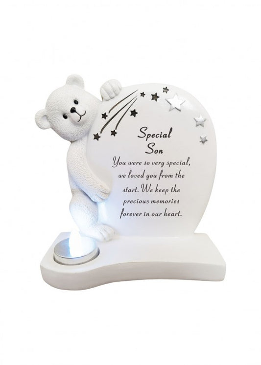 White And Silver Son Teddy Plaque With Flickering T-Lite