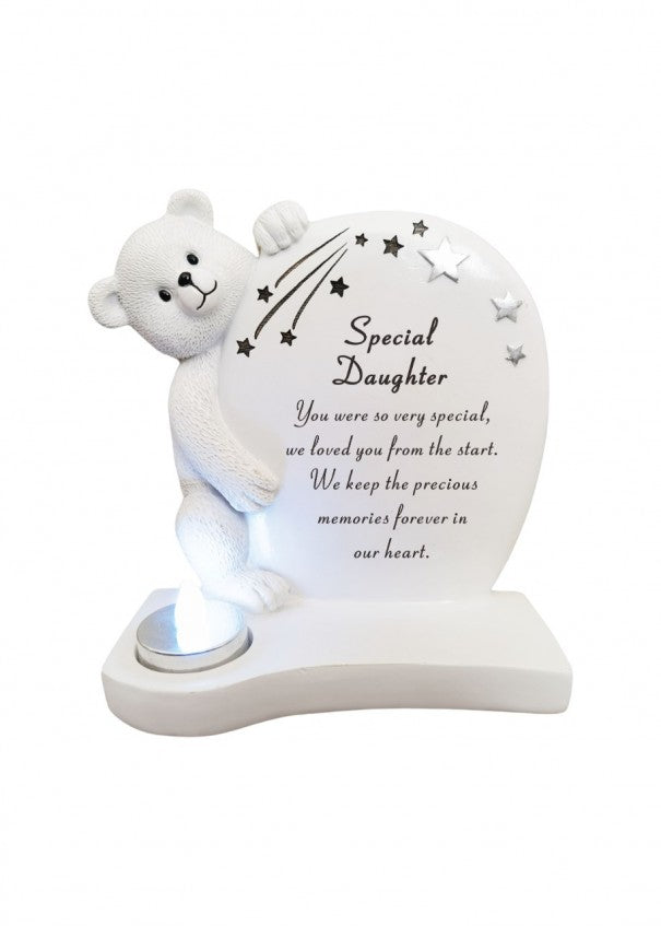 White And Silver Daughter Teddy Plaque With Flickering T-Lite