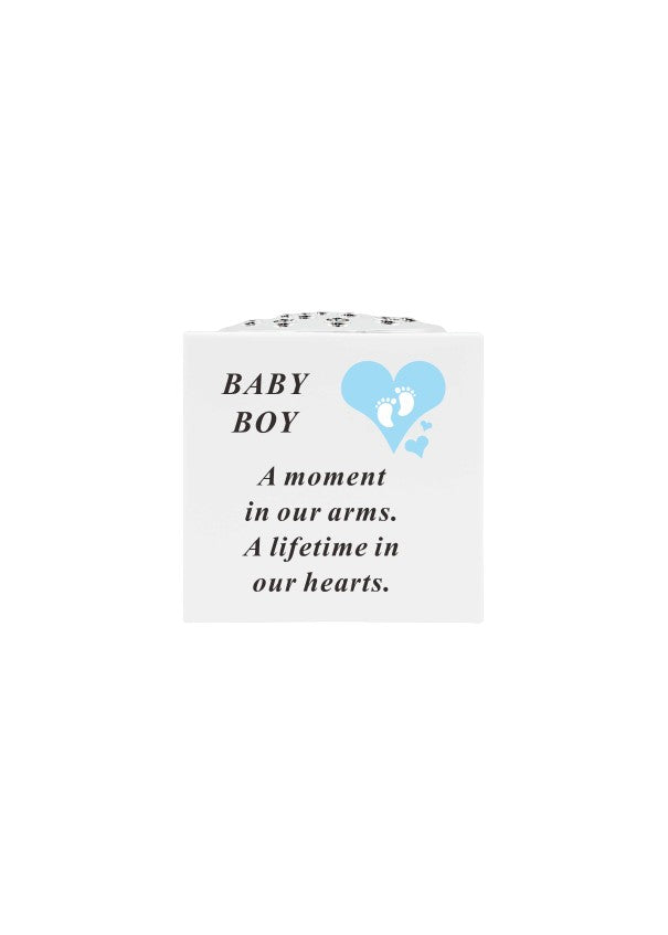 Baby Boy Footprints Plastic Rosebowl With Chrome Lid