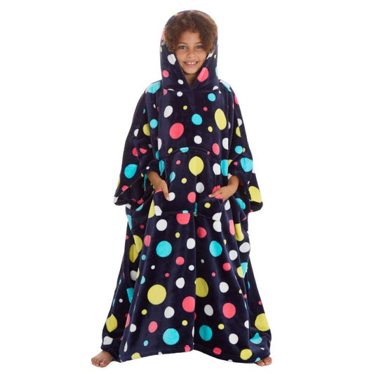 18C835: Girls Spots Print Hooded Plush Fleece Long Line Poncho (One Size - 7-13 Years)