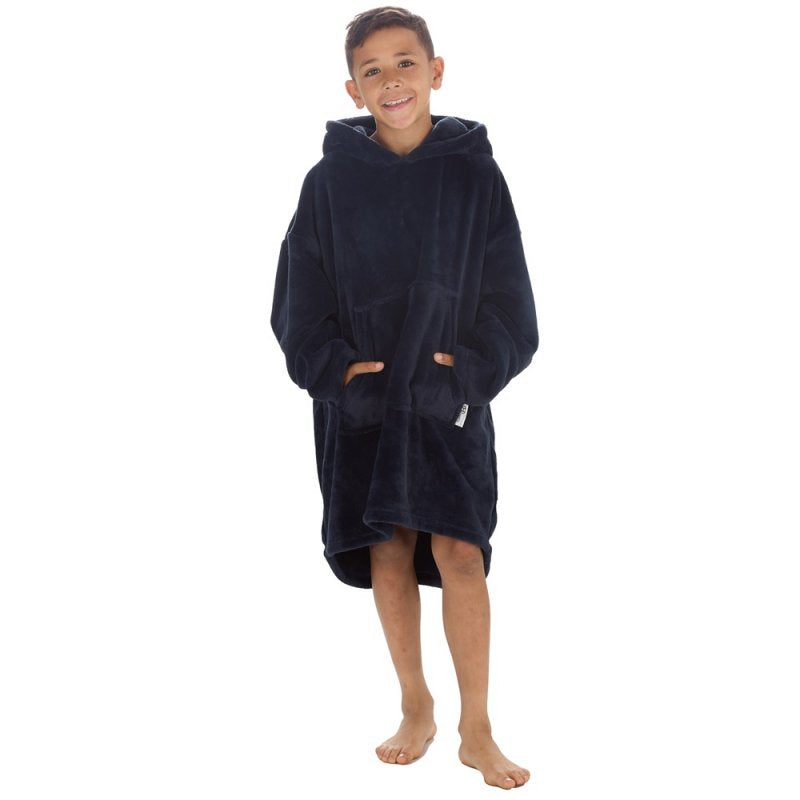 18C870: Kids Plush Oversized Heavy Knit Hoodie- Navy (One Size - 7-13 Years)