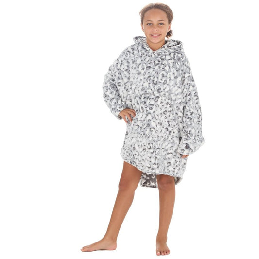 18C859: Girls Snow Leopard Embossed Oversized Plush Hoodie (One Size - 7-13 Years)