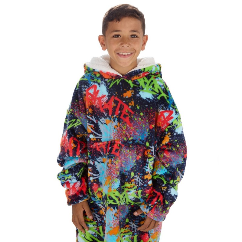 18C878: Kids Plush Oversized Hoodie- Graffiti (One Size - 7-13 Years)