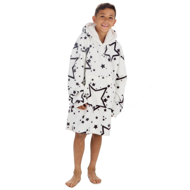 18C871: Kids Plush Oversized Hoodie- Stars (One Size - 7-13 Years)