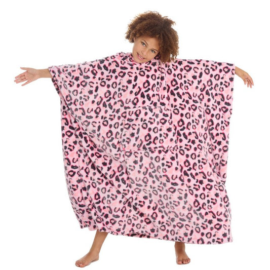 18C834: Girls Leopard Print Hooded Plush Fleece Long Line Poncho (One Size - 7-13 Years)