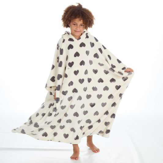 18C832: Girls Heart Print Hooded Plush Fleece Long Line Poncho (One Size - 7-13 Years)