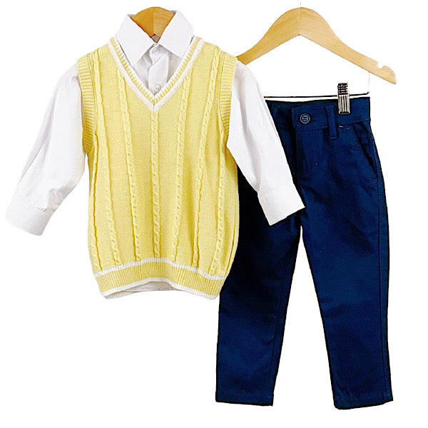 Boys 3pc set Samli Yellow Cable Knit Vest & Chinos ages Set 1-10 / 4050-YELLOW